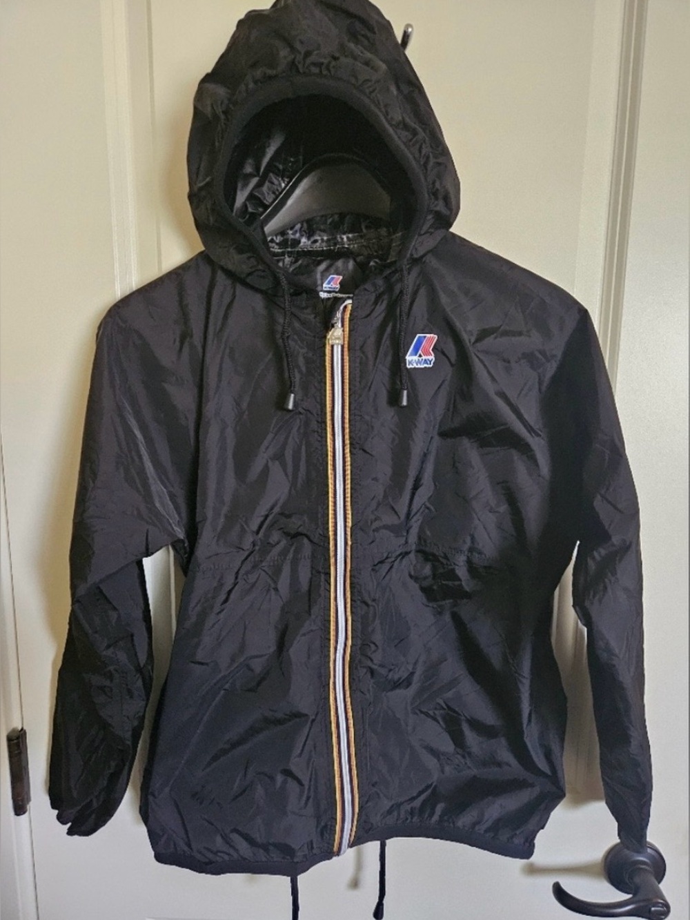K-Way/As New/Black Hooded Windbreaker Jacket Striped Zipper  Sz S